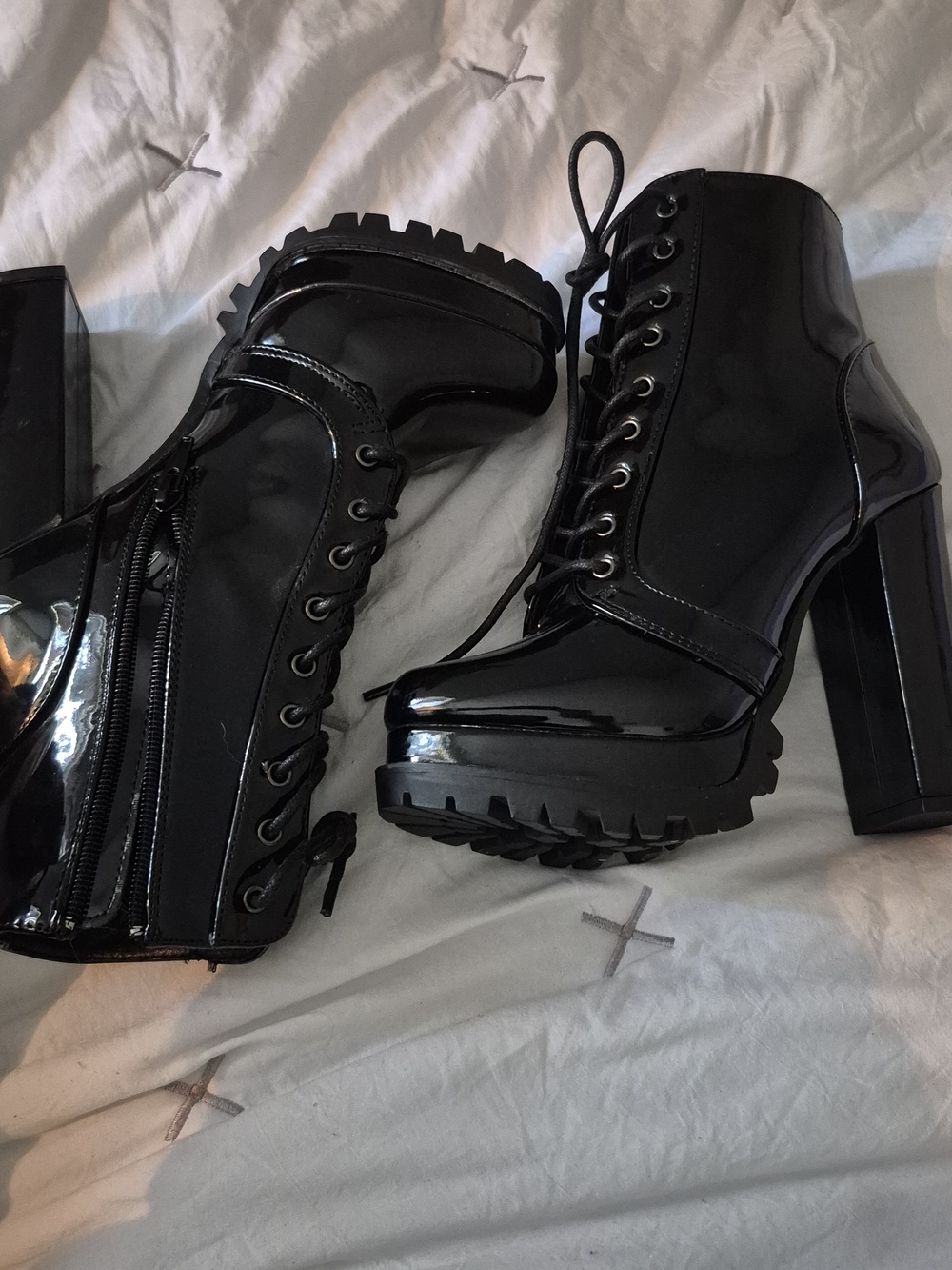 Fashion Nova Black Patent Platform Lace-Up Chunky Heel Boots